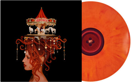 Record sleeve with image of woman with curly red hair with charms hanging off the curls and a merry go round on top of her head, set against a black backdrop and an orange vinyl record sticking out the side of the sleeve
