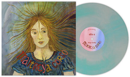 Maya Hawke "Maitreya Corso" album cover shown with a baby blue & bone  marbled color vinyl record