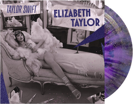 Vinyl record with a black and white photo of a woman on a couch, featuring 'Taylor Swift' and 'Elizabeth Taylor' text.