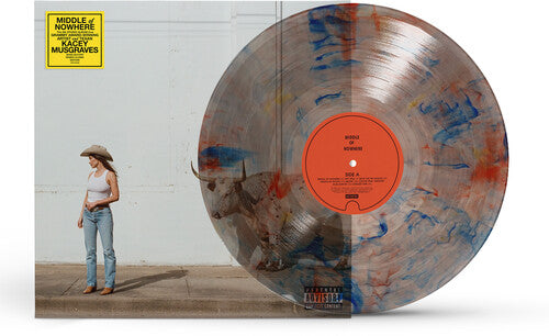 Kacey Musgraves "Middle of Nowhere" album cover shown with a clear vinyl record with red and blue marble coloring.