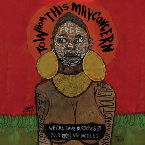 Jill Scott "to whom this may concern" album cover featuring artistic depiction of a figure with text on a red background