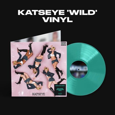 Katseye "Wild" album cover shown with an aquamarine colored vinyl record