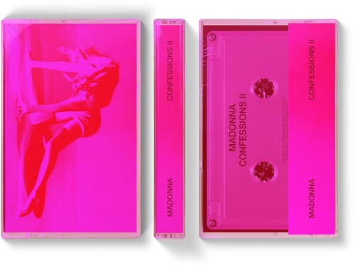 Pink cassette tape with 'Confessions II' and 'Madonna' text on a white background