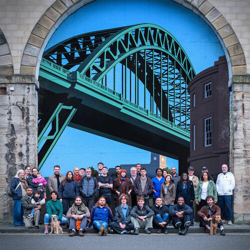 "Great Day in Newcastle" album cover featuring a group of people and dogs posing in front of a large archway with a bridge in the background.