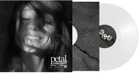 Ariana Grande "petal" album cover shown with a grey colored inner sleeve and a white vinyl record