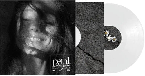 Ariana Grande "petal" album cover shown with a grey colored inner sleeve and a white vinyl record