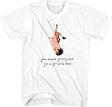White t-shirt with graphic of a girl on a swing and text, on a white background