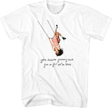 White t-shirt with graphic of a girl on a swing and text, on a white background