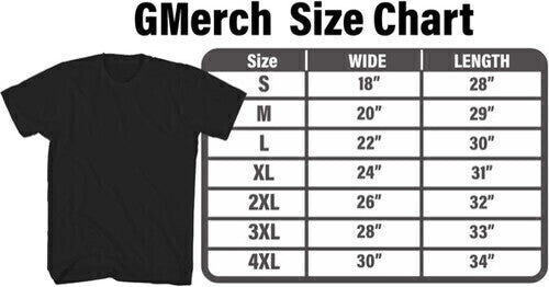 size chart for Gmerch t-shirts from sizes small through 4xl