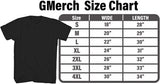 size chart for Gmerch t-shirts from sizes small through 4xl