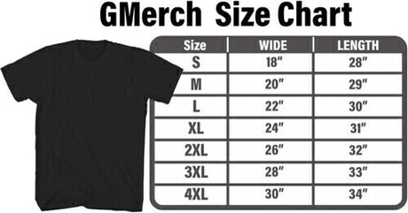 size chart for Gmerch t-shirts from sizes small through 4xl
