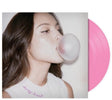 Drop Dead album cover featuring Olivia Rodrigo blowing bubble gum shown with  a pink 7 inch vinyl record 