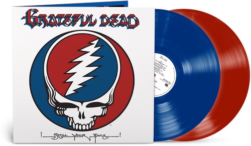 Red and Blue vinyl records with album cover showing Grateful Dead logo 'Steal Your Face' album title text.