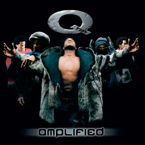 Image of five different versions of rapper Q-Tip lined up next to each other with silver Q above them and 'amplified' below them against black backdrop