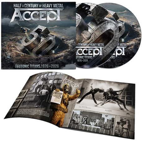 Accept - Teutonic Titans 1976-2026 album cover, two CDs, and lyric booklet. Both CDs have a printed graphic, similar to the album art, spanning each face.