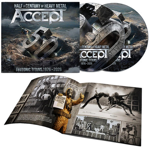 Accept - Teutonic Titans 1976-2026 album cover, two CDs, and lyric booklet. Both CDs have a printed graphic, similar to the album art, spanning each face.