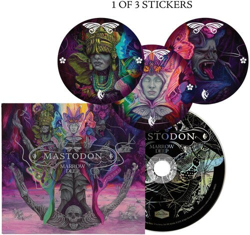 Mastodon - Album cover and CD with printed graphic. Three circular sticker designs are also visible, with text "1 of 3 stickers" above