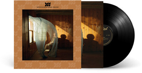 A vinyl record album shown with its outer cover and inner sleeve. The cover has a warm tan background with a central square photo of a dimly lit wooden room and a sheer white curtain partially covering Beck sitting in a chair.