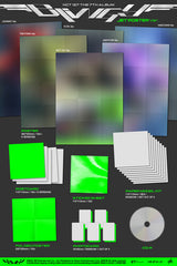 Graphic showing blurred/blank representations of the different posters, photo cards, postcards, paper model kits, fold-out poster and sticker sheet included in different versions of the JET POSTER Version of Blingy by NCT 127