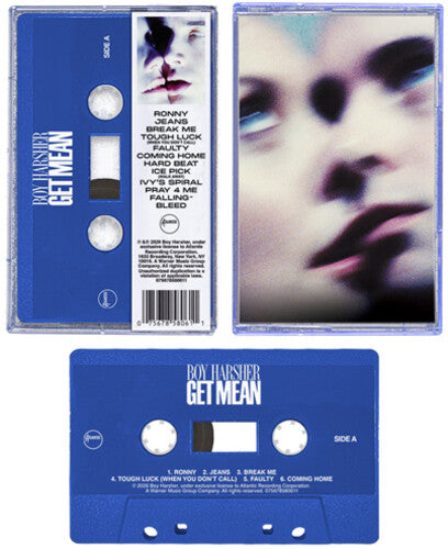 Boy Harsher - Get Mean cassette cover  and back side, with blue cassette shown