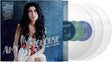 Amy Winehouse 'Back to Black' vinyl record album with the LP jacket on the left and three translucent records partially visible on the right. The album art features a dark portrait of Amy Winehouse against a blue-gray background, with green and blue record labels visible on the vinyl.