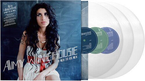 Amy Winehouse 'Back to Black' vinyl record album with the LP jacket on the left and three translucent records partially visible on the right. The album art features a dark portrait of Amy Winehouse against a blue-gray background, with green and blue record labels visible on the vinyl.