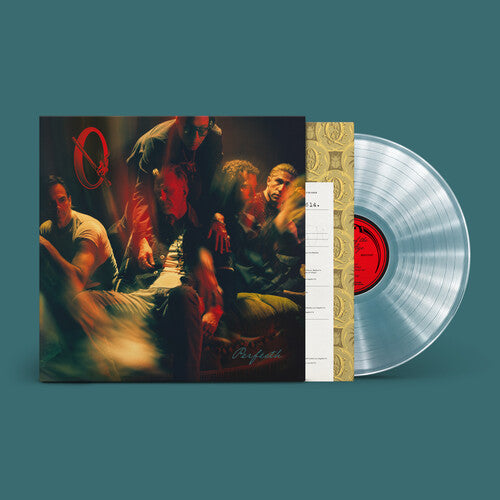 A vinyl record album shown on a dark teal background, with the printed cover partially pulled open to reveal a translucent silver record and a red center label. The cover artwork depicts several men in a dimly lit scene, and the record itself is transparent with a red label.