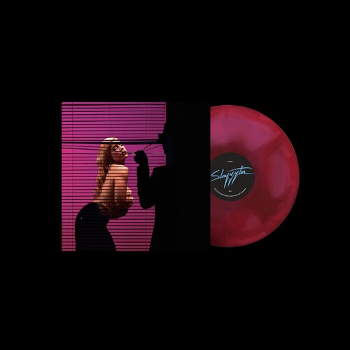 A vinyl record album shown on a black background, featuring a red translucent record partially pulled from its sleeve. The sleeve artwork shows a woman in front of pink horizontal blinds, with a black silhouette of a person beside her pulling down one of the blinds.