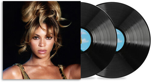 Vinyl album cover showing Beyonce centered on the cover with a black backdrop and two black vinyl records sticking out of the side of the sleeve.