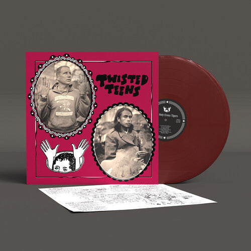 Red album cover for Twisted Teens The Holy Cross Tigers with maroon colored vinyl record sticking out the side of the sleeve and sheet with writing on it laying in front.