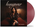Vinyl album cover for Ella Langley's 'Hungover' featuring Ella sitting on a bed with beige cursive 'hungover' text above her and with plum colored vinyl record sticking out the side of the sleeve.