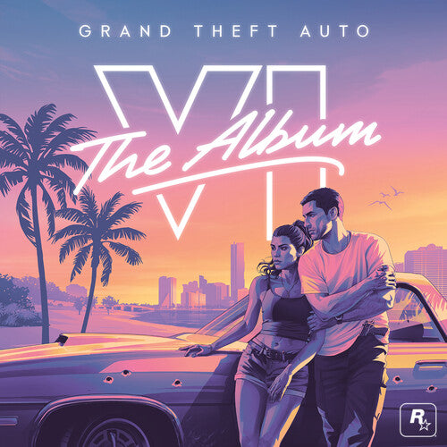 Album cover for Grand Theft Auto VI The Album featuring two video game characters leaning against a car