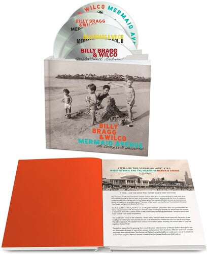 CD for Billy Bragg & Wilco Mermaid Avenue The Complete Sessions showing black and white image of kids playing on a beach with 4 CDs sticking out the top of the CD case and an open booklet in front of the CD case