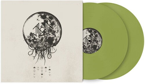 Album cover for Sleep Token Take Me Back To Eden featuring abstract circular artwork resembling the moon in black against a beige background with two olive green records partially visible on the right side of the sleeve