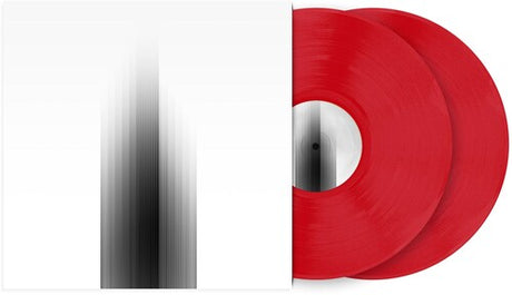 Album cover for Sleep Token Sundowning featuring an abstract image of black lines against a white backdrop with two red vinyl records sticking out the side of the sleeve
