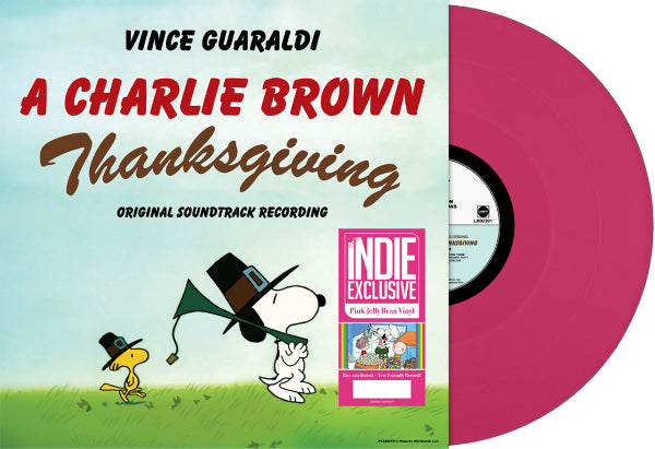 Album cover for 'A Charlie Brown Thanksgiving' with Snoopy and Woodstock, featuring Vince Guaraldi's music. Shown with a pink vinyl record.