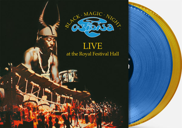 Album cover with a concert image and text 'Black Magic Night Live at the Royal Festival Hall' on a black background. Shown with one blue and one yellow vinyl record