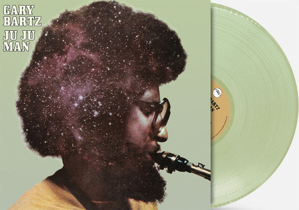 Album cover with a portrait of Gary Bartz playing saxophone and 'Gary Bartz Ju Ju Man' text. Shown with a sea green color vinyl record.