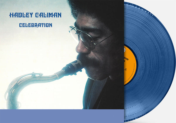 Hadley Caliman "Celebration" album cover with a blue label and a person playing a saxophone on a white background. Shown with a blue vinyl record.