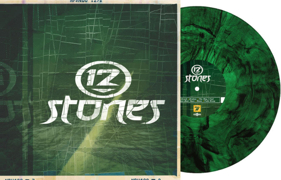 Green vinyl record with '12 stones' branding on a textured green background