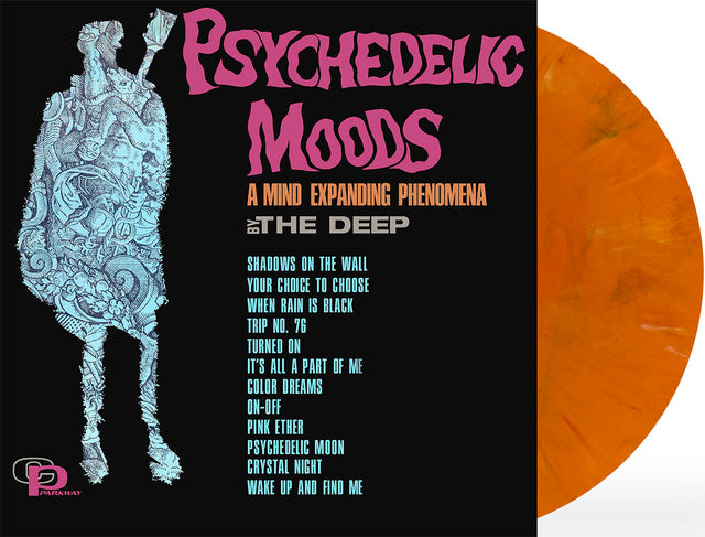 The Deep "Psychedelic Moods" album cover shown with an orange colored vinyl record