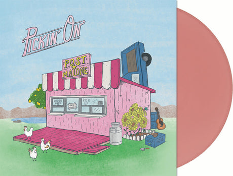 Vinyl record cover with a pink building labeled 'Post Malone' and 'Pickin' On' on a blue background.