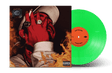 A vinyl record album shown with its sleeve on a white background. The sleeve features artwork of Post Malone in a white hat covering his face with his hands, surrounded by flames. The record itself is bright translucent green with an orange center label.
