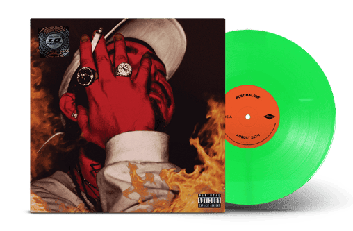 A vinyl record album shown with its sleeve on a white background. The sleeve features artwork of Post Malone in a white hat covering his face with his hands, surrounded by flames. The record itself is bright translucent green with an orange center label.