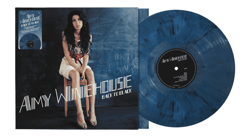 Vinyl album sleeve showing Amy Winehouse sitting on a stool in front of a blue chalkboard with a blue and black record sticking out of the sleeve and "Amy Winehouse Back To Black" text across front of sleeve.