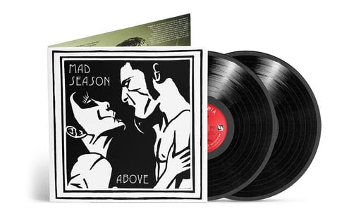 Album cover for Mad Season Above, featuring black and white drawing of two people about to kiss each other, and two black vinyl records sticking out the side of the sleeve
