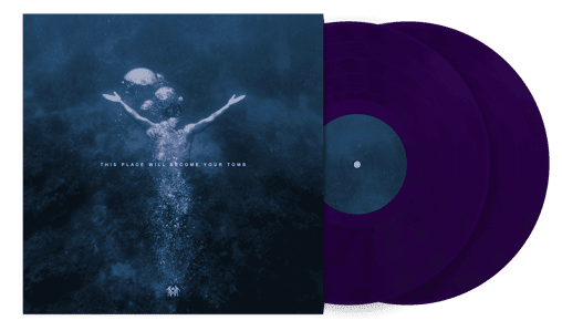 Album cover for Sleep Token This Place Will Become Your Tomb showing the outline of a person swimming upwards against a blue backdrop with two violet colored vinyl records sticking out the side of the sleeve