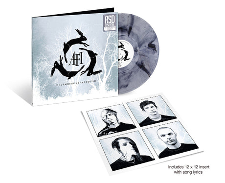 Smoke swirl vinyl record set with cover and insert featuring AFI band members on a white background
