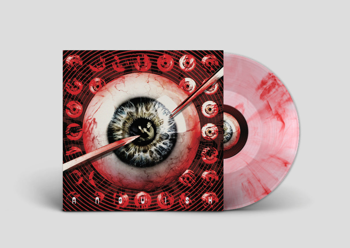 Vinyl record album with a square illustrated cover featuring a large eye and red circular graphics, shown next to a translucent pink marbled record on a light gray background.