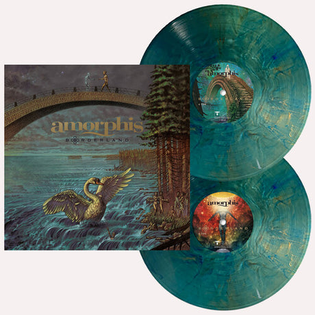 Amorphis - Borderland album cover and 2LP green and blue vinyl. 